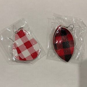 Red & White Teardrop and Black & Red Plaid Faux Leather Earrings Set